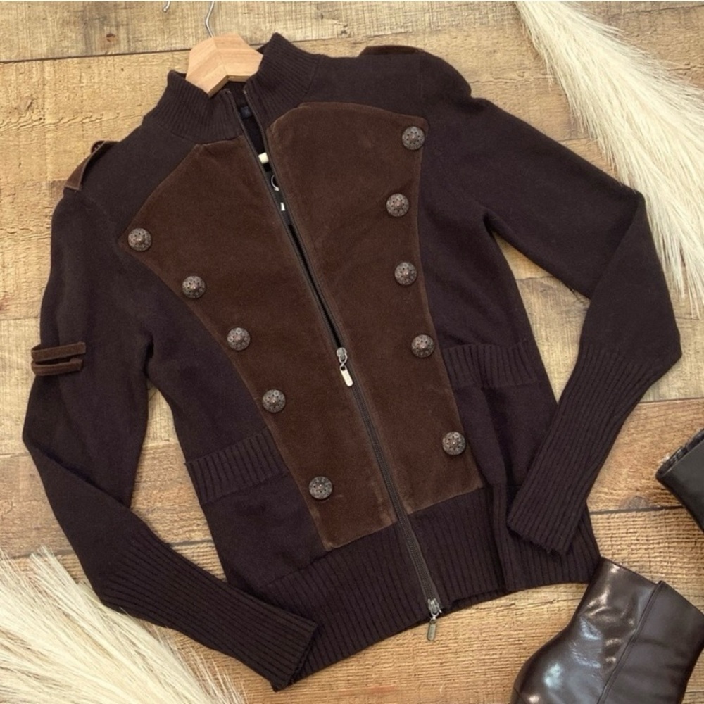 Sweater Jacket Military Inspired Chocolate Suede Zip Up ⭐️NWT